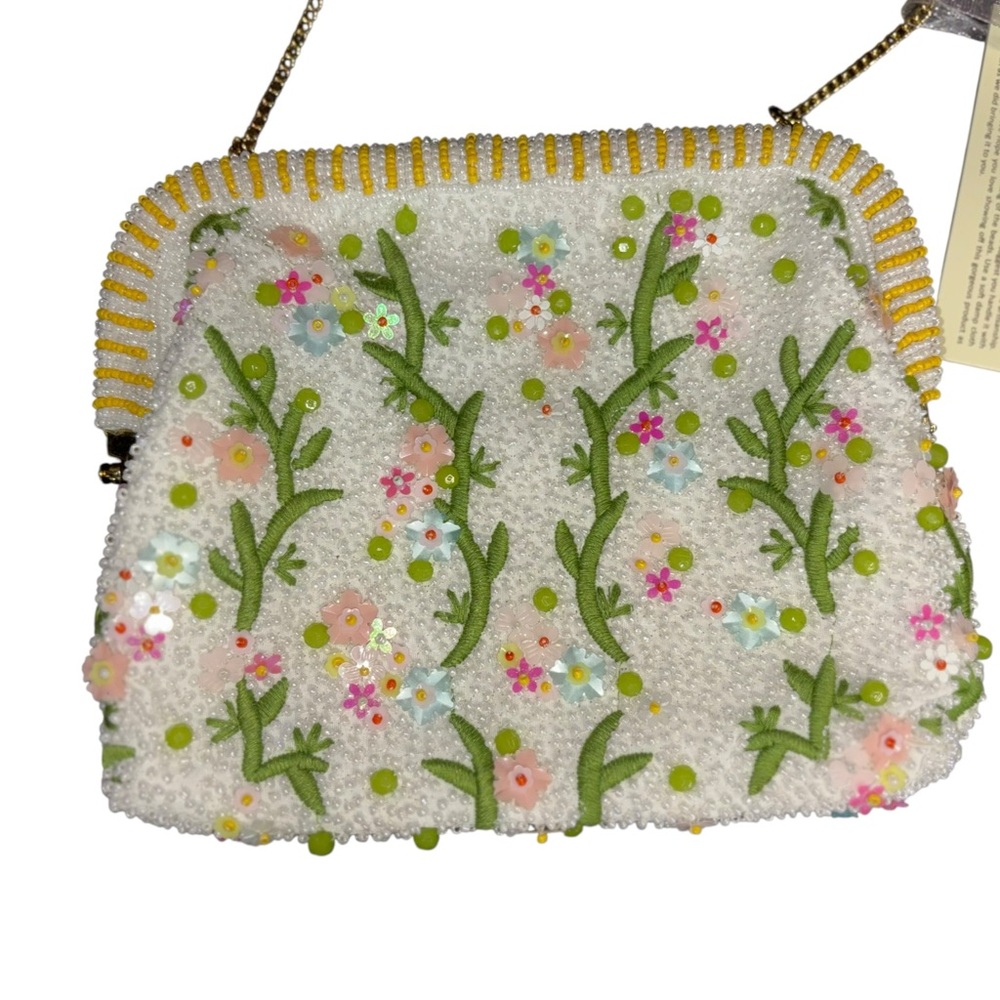Beaded Floral Crossbody Bag - White with Pastel Embroidery